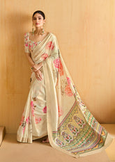 Cream Tussar Silk Floral Print Saree-4473